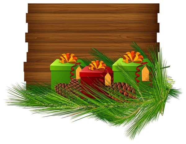 Wooden board with presents and leaves — Stock Vector