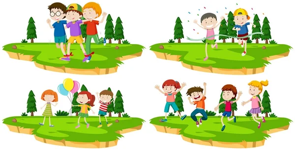Vier Szenen von Kindern beim Spielen im Park — Stockvektor