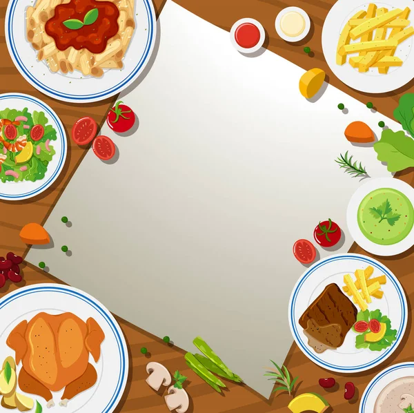Шаблон границы с различными продуктами питания в тарелках — стоковый вектор