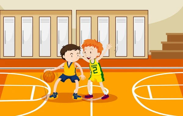 Два мальчика играют в баскетбол в спортзале — стоковый вектор