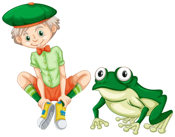 逗人喜爱的男孩和绿色青蛙 — 图库矢量图片