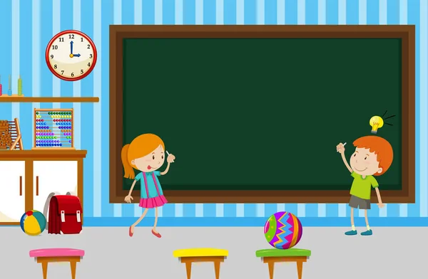 Chłopiec i dziewczynka, pisanie na tablicy w klasie — Wektor stockowy