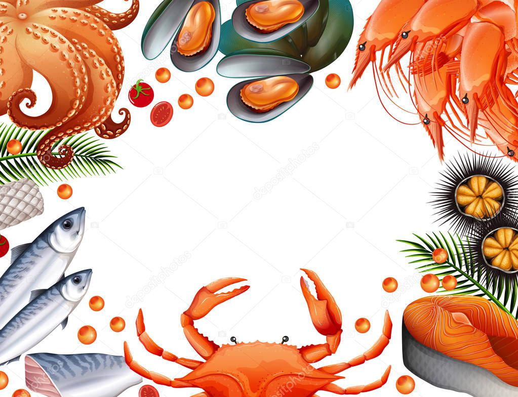 Border template with different kinds of seafood