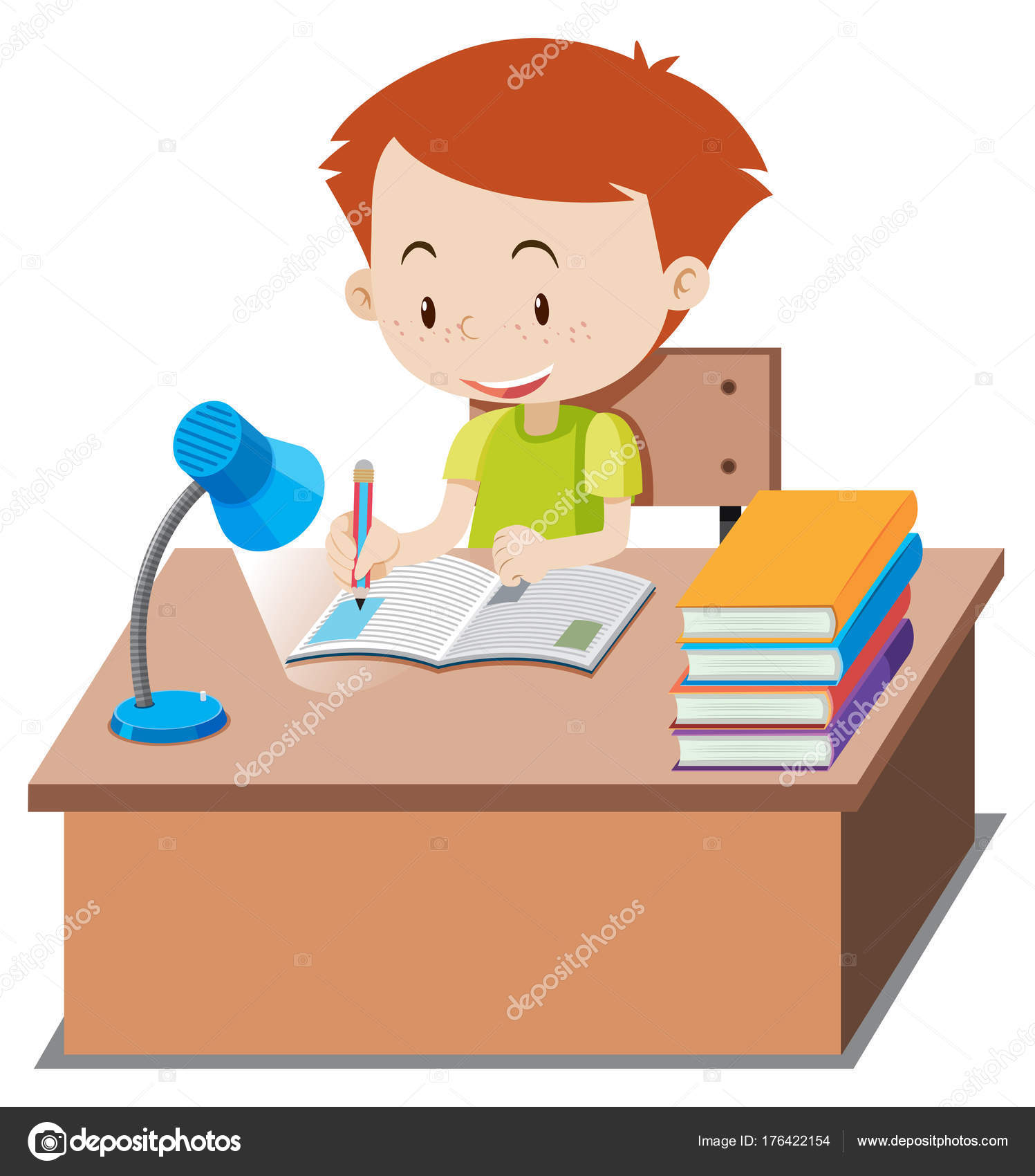 Ni o haciendo la tarea en la mesa vector de stock por blueringmedia