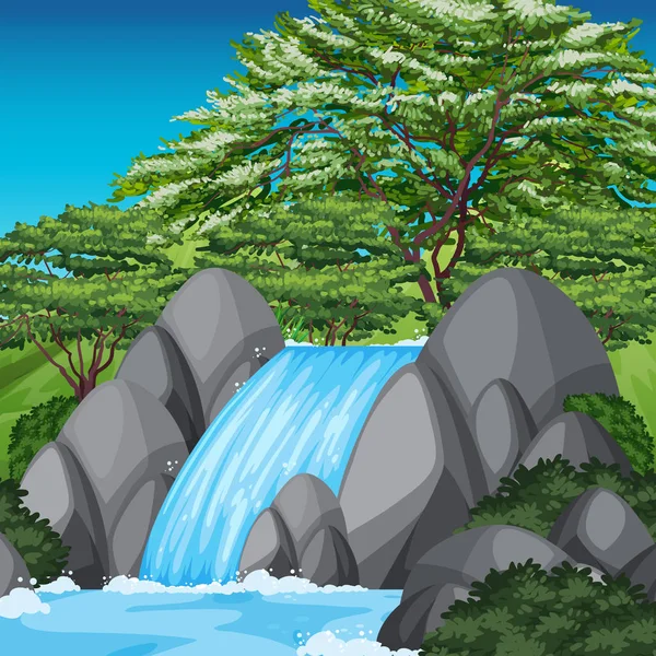 Scène cascade avec arbres verts et ciel bleu — Image vectorielle