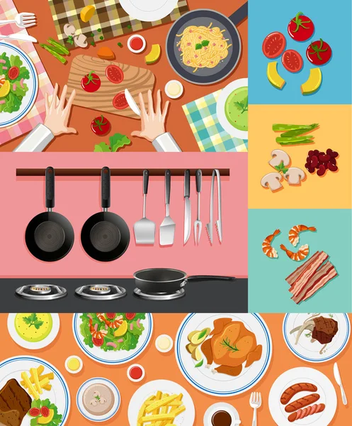 Différents ingrédients et aliments sur différents milieux — Image vectorielle