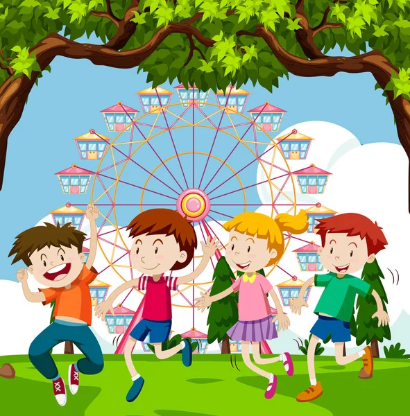 Happy children playing in park with ferris wheel in background — Stock Vector