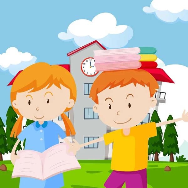 Twee kinderen met boeken op school — Stockvector