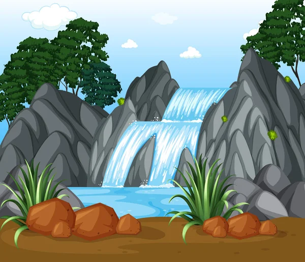 Escena de fondo con cascada en el bosque — Vector de stock