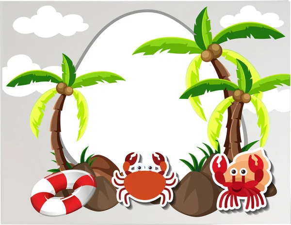 Round border with crabs and coconut trees — Stock Vector