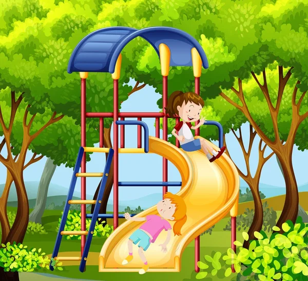 Duas meninas no slide no parque —  Vetores de Stock