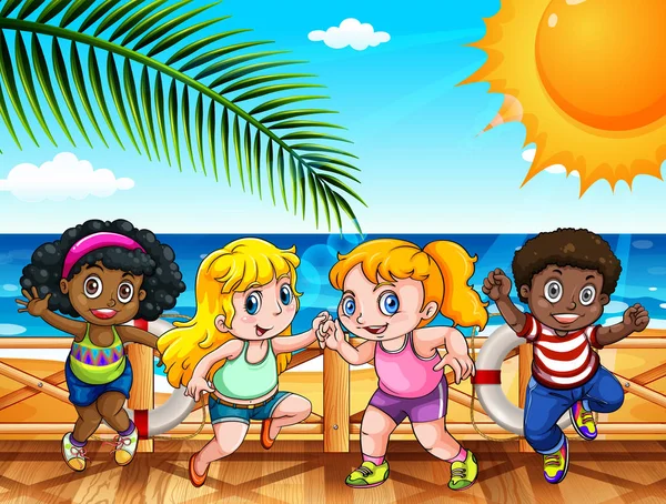 Čtyři šťastné děti u moře — Stockový vektor