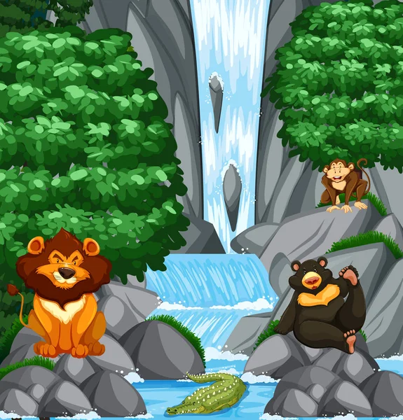 Escena de cascada con muchos animales salvajes — Vector de stock