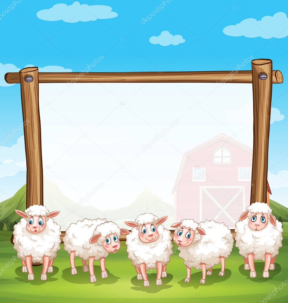 Wooden frame with sheeps in the farm