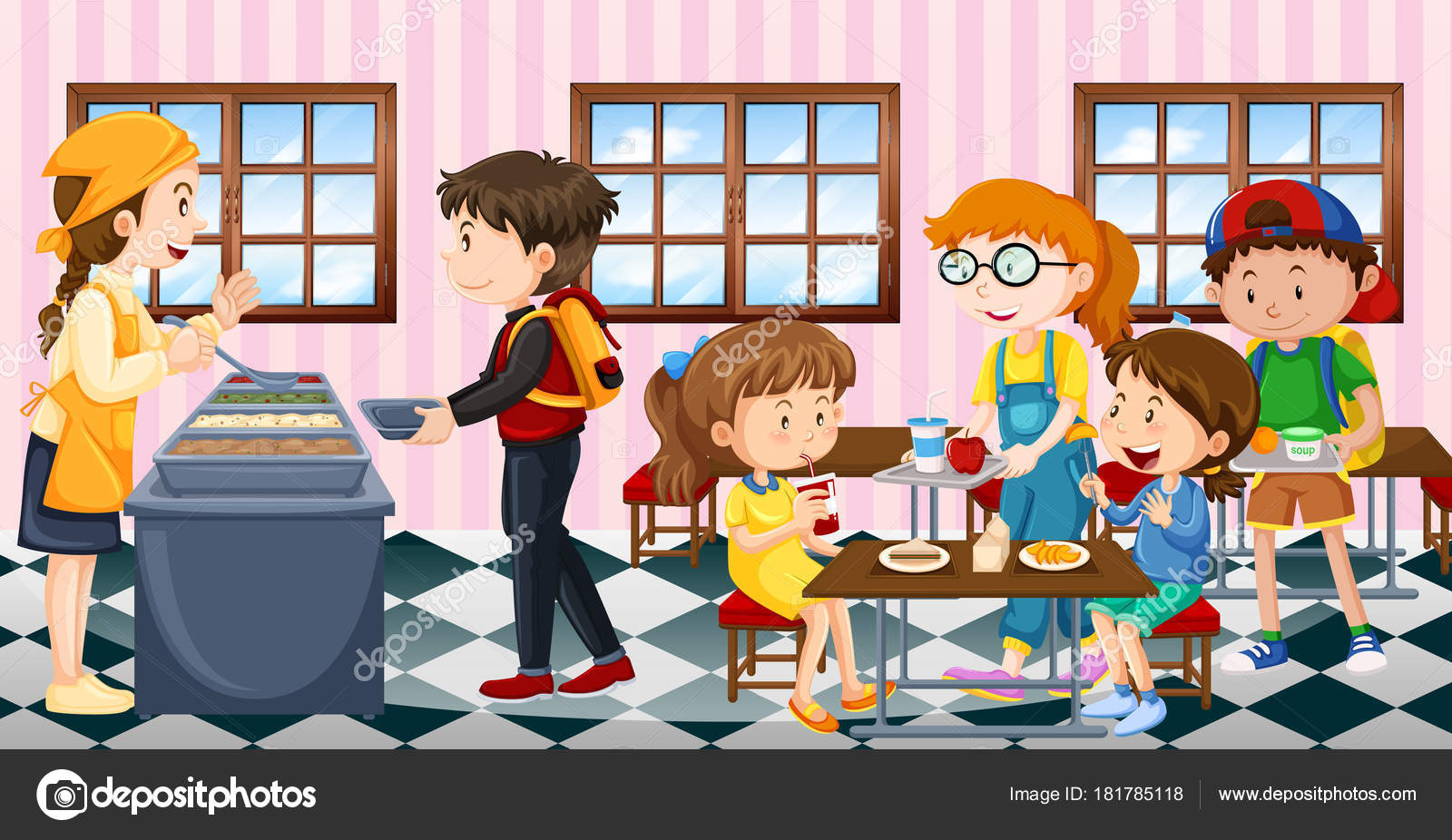 孩子们在食堂吃午饭图库矢量图©blueringmedia 181785118, image size:1600x926