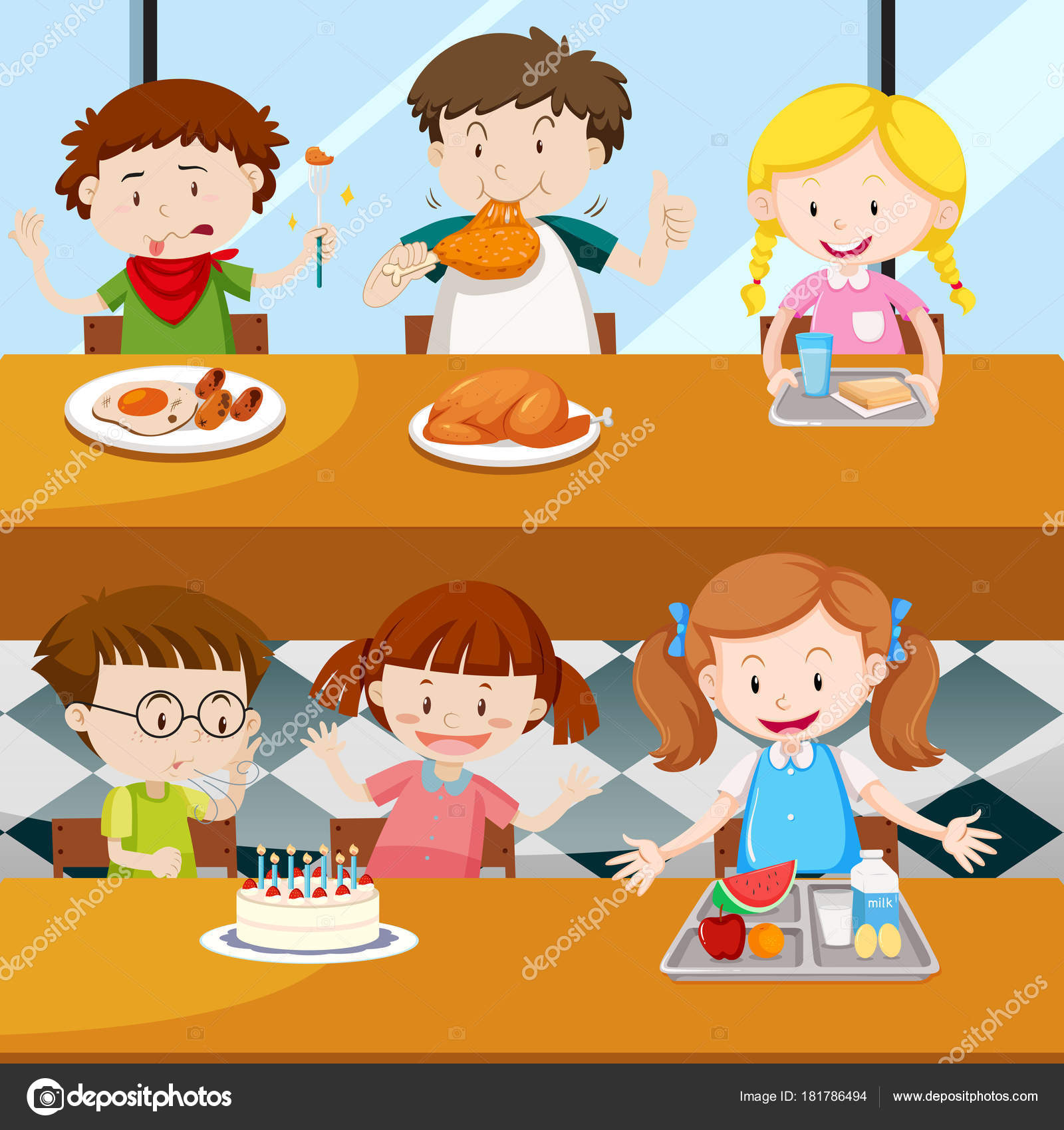 许多孩子在食堂吃饭图库矢量图©blueringmedia 181786494, image size:1600x1700