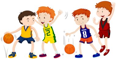 Beyaz arka plan üzerinde basketbol oynayan çocuklar