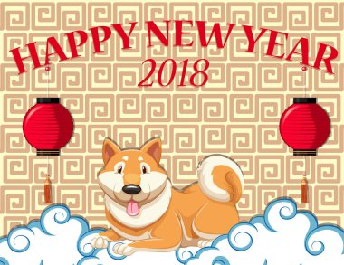 Mutlu yeni yıl kartı ile bulut üzerinde şirin köpek