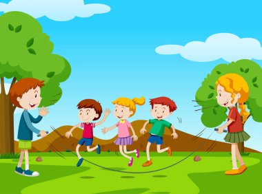Children jumping rope in the park clipart