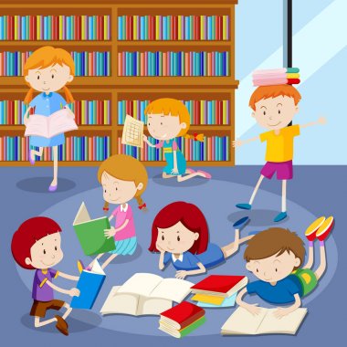 Birçok öğrenci kitaplığındaki kitap okuma