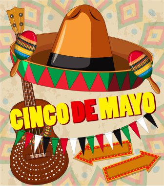 Cinco de mayo kartı şablonu şapka ve gitar