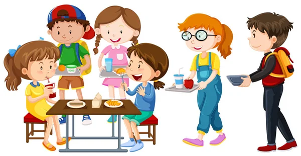 Anak-anak makan siang di atas meja - Stok Vektor