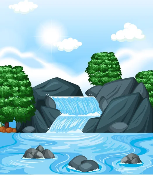 Escena de fondo con cascada y árboles — Vector de stock