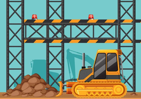 Site de construction avec bulldozer et barres métalliques — Image vectorielle
