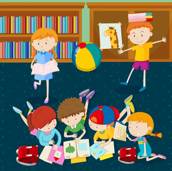 Crianças lendo livros em sala de aula —  Vetores de Stock
