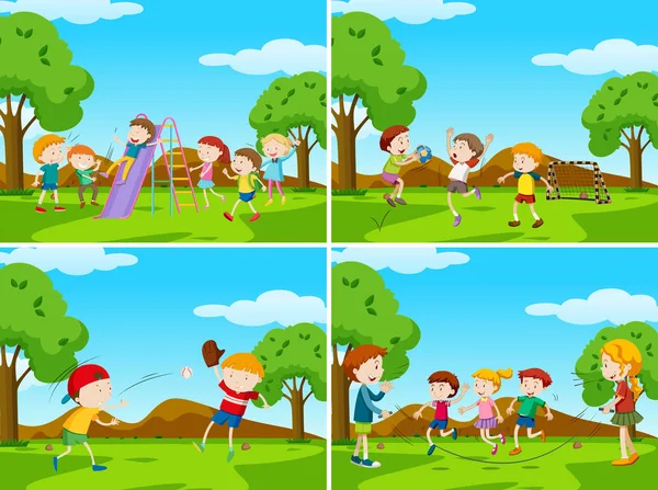 Scene di giochi con bambini che praticano sport — Vettoriale Stock
