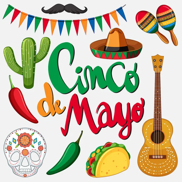 Cinco de mayonesa plantilla con sombrero mexicano y comida — Vector de stock