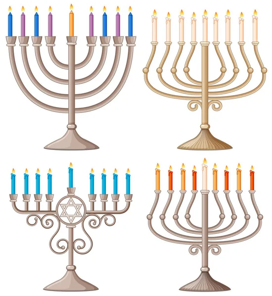 Happy Hanukkah με διαφορετικά σχέδια των κατόχων κεριών — Διανυσματικό Αρχείο
