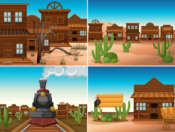 Quattro scene occidentali con edifici e treno — Vettoriale Stock