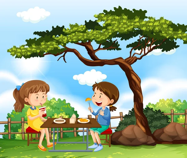 Dos chicas de picnic en el parque — Vector de stock