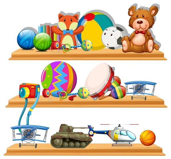 Diferentes tipos de juguetes en estantes de madera — Vector de stock
