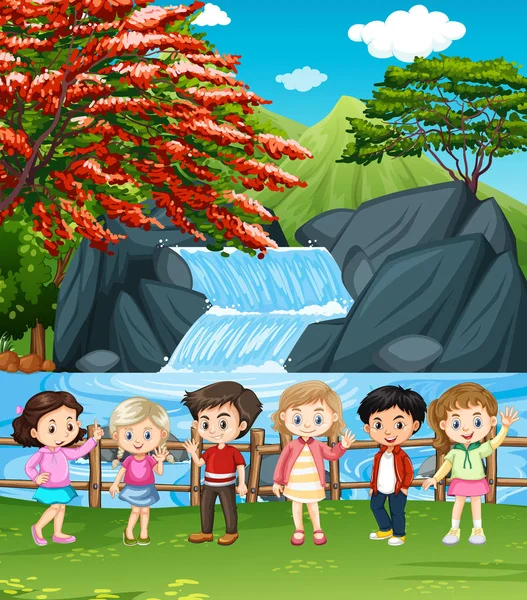 Wasserfall-Szene mit vielen Kindern — Stockvektor