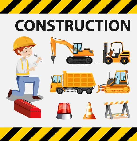 El hombre y los camiones de construcción en cartel — Vector de stock