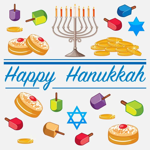 Felice modello di carta Hanukkah con cibo e candele — Vettoriale Stock