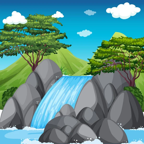 Escena de cascada con grandes montañas en el fondo — Vector de stock