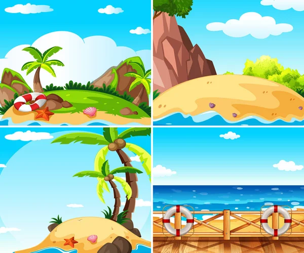Quattro scene con isola e oceano — Vettoriale Stock