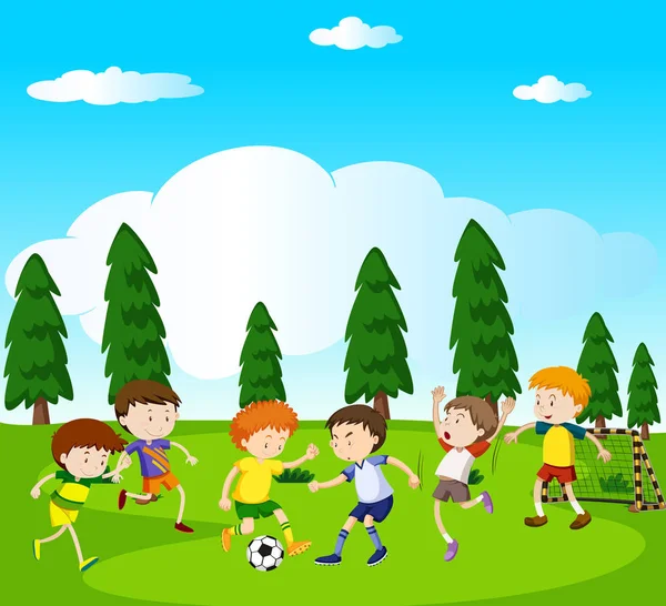 Boys playing soccer in park — Stock Vector