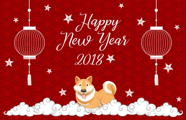 New year card template with dog on red background