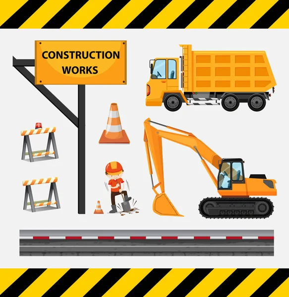 Construction worker and trucks at the site — Stock Vector