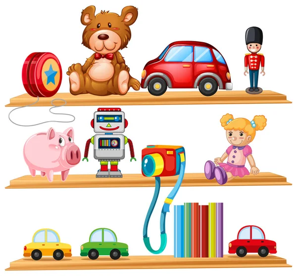 Many toys and books on wooden shelves — Stock Vector