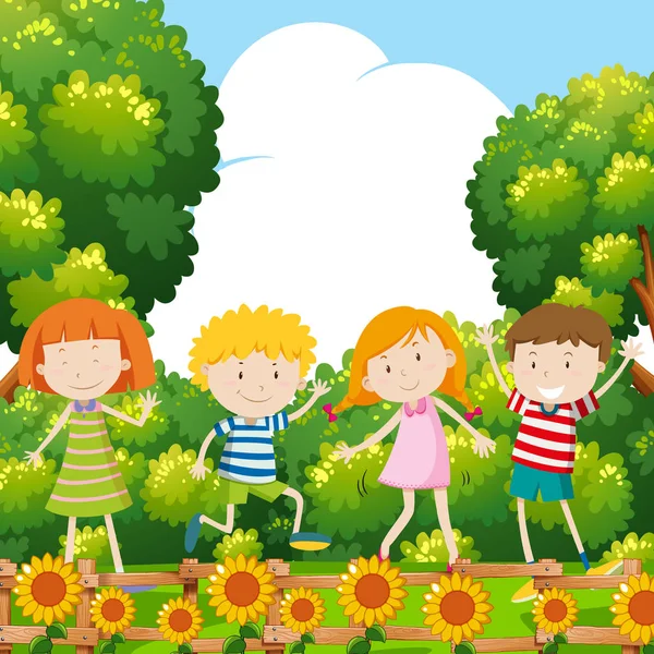 Four kids in sunflower garden — Stock Vector