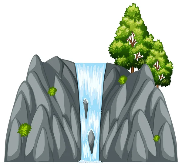 Escena de cascada con árbol en la roca — Vector de stock