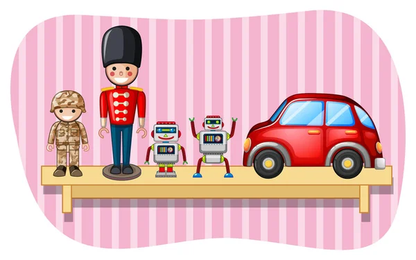 Voják hračky a roboty na polici — Stockový vektor