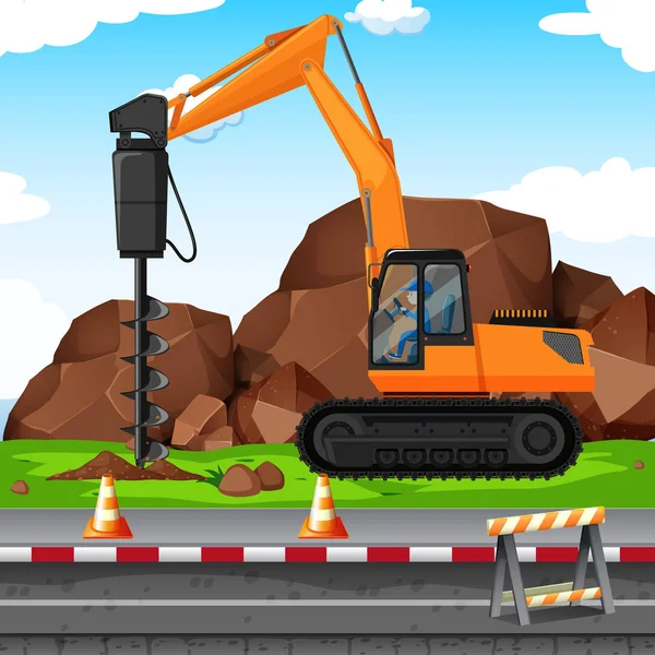 Man digging hole with drill at the construction site — Stock Vector