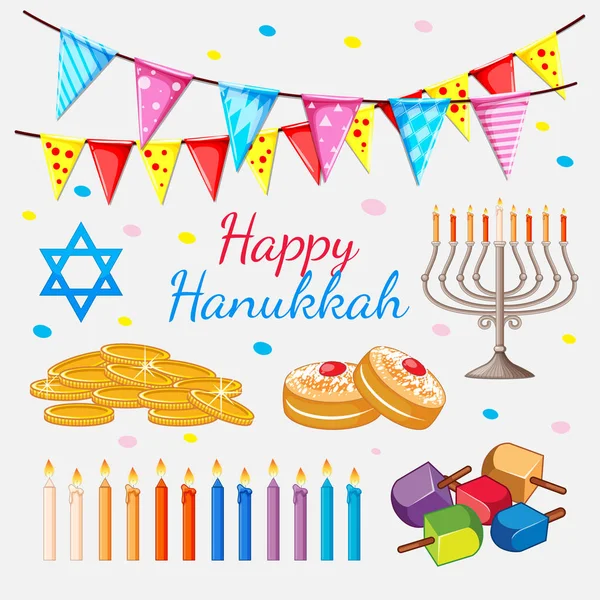 Tema Happy Hannukkah con monete d'oro e candele — Vettoriale Stock