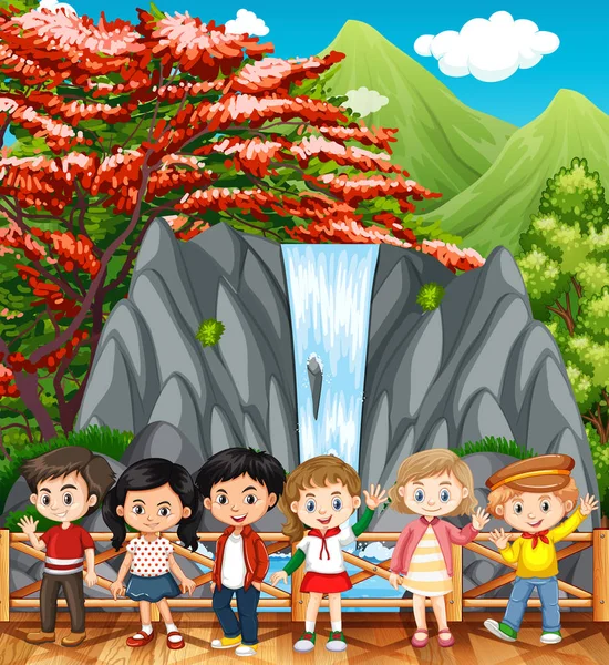 Niños felices visitando cascada — Archivo Imágenes Vectoriales